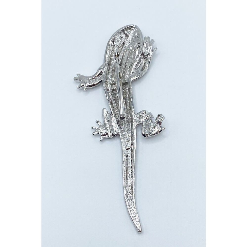 Large Silver Tone Clear Rhinestone Green Eye Lizard Gecko Brooch Pin Figural - Picture 3 of 5